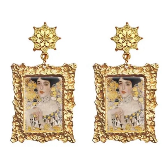 Victorian Woman Painting Gold Frame Drop Earrings - Picture 6 of 9